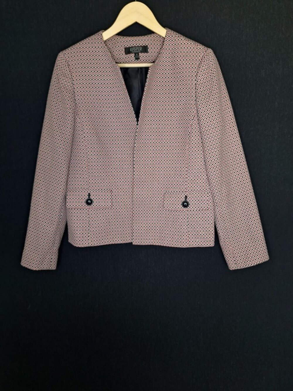 💙 Kasper Separates Blazer Jacket Size 10 Red Black Geometric Print Open Front C